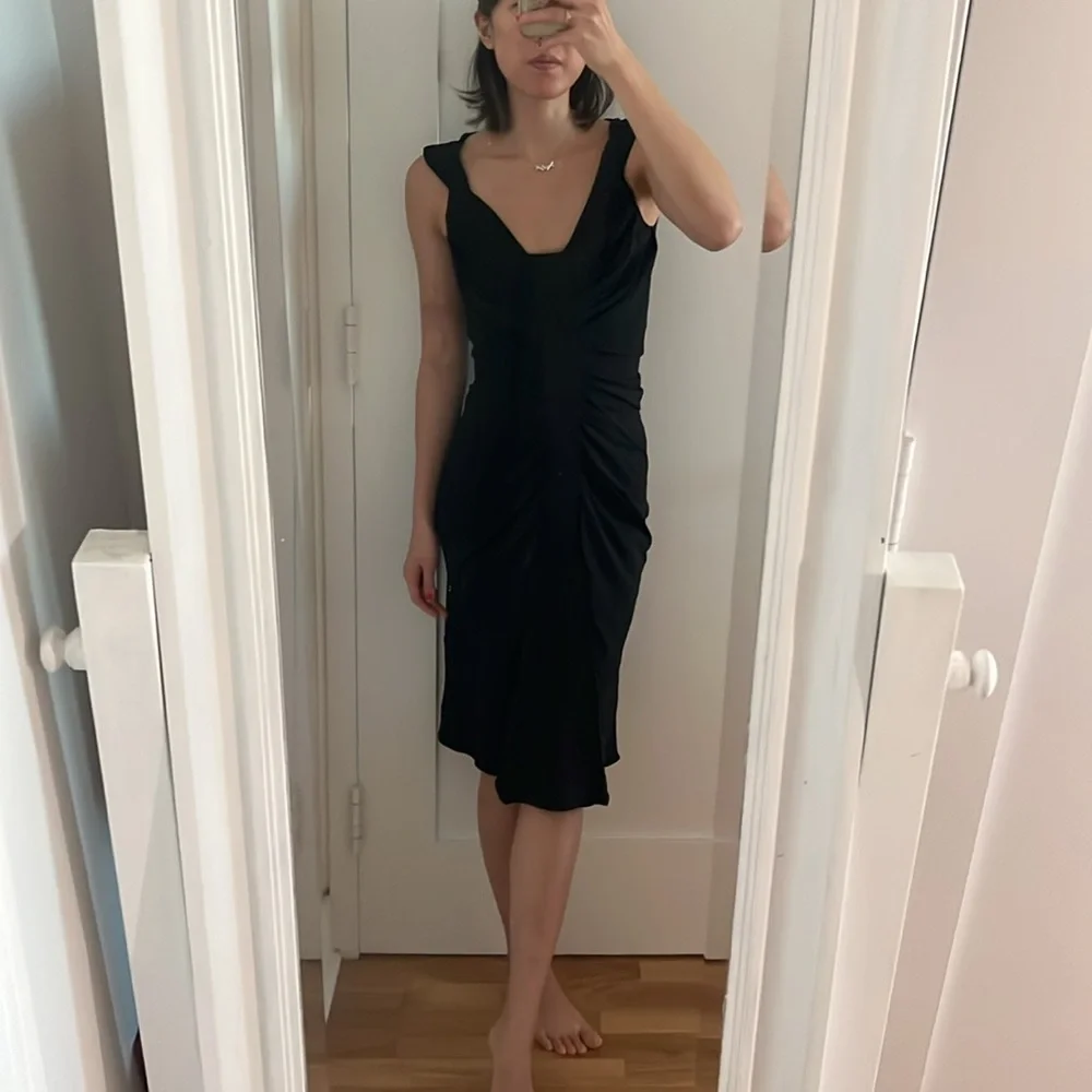 dior black midi dress CHRISTIAN DIOR DARKBLUE BELTED FULL SKIRT MIDI COCKTAIL DRESS (FR38)